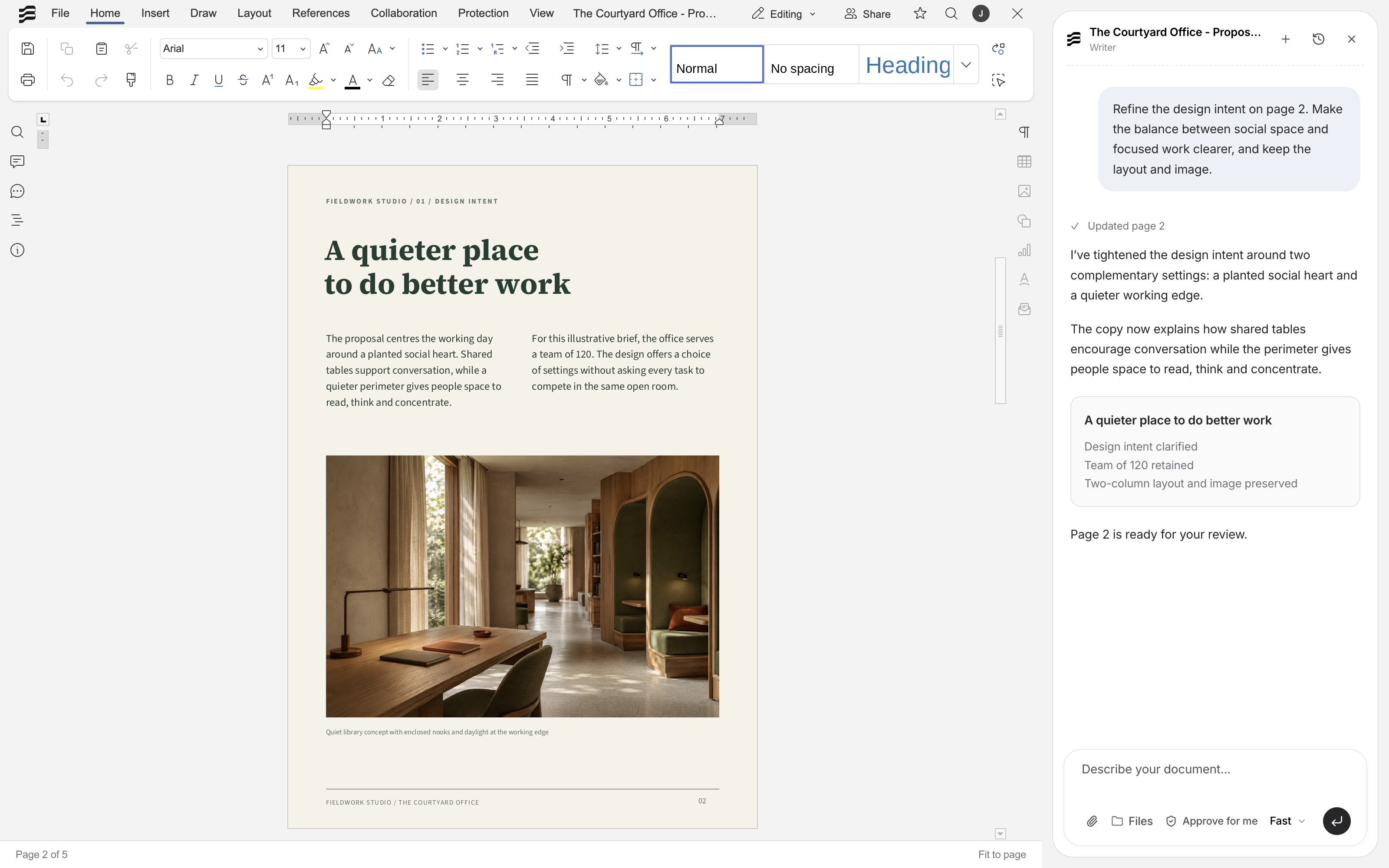 Courtyard proposal open in Writer, with the design intent page and an agent’s revision summary.